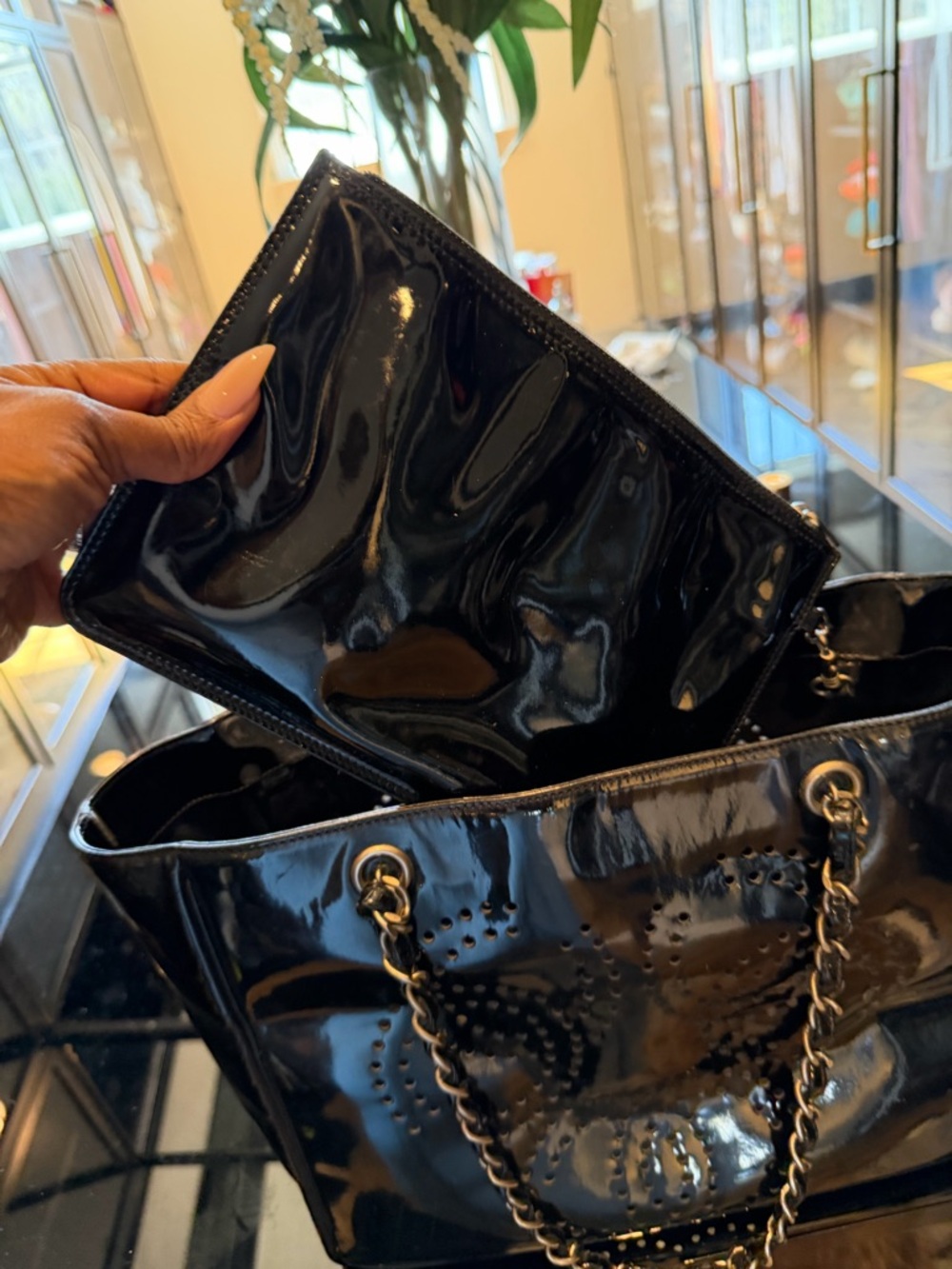 CHANEL Black Patent Leather Perforated Logo Tote with Chain-Strap Handles - Picture 2 of 6